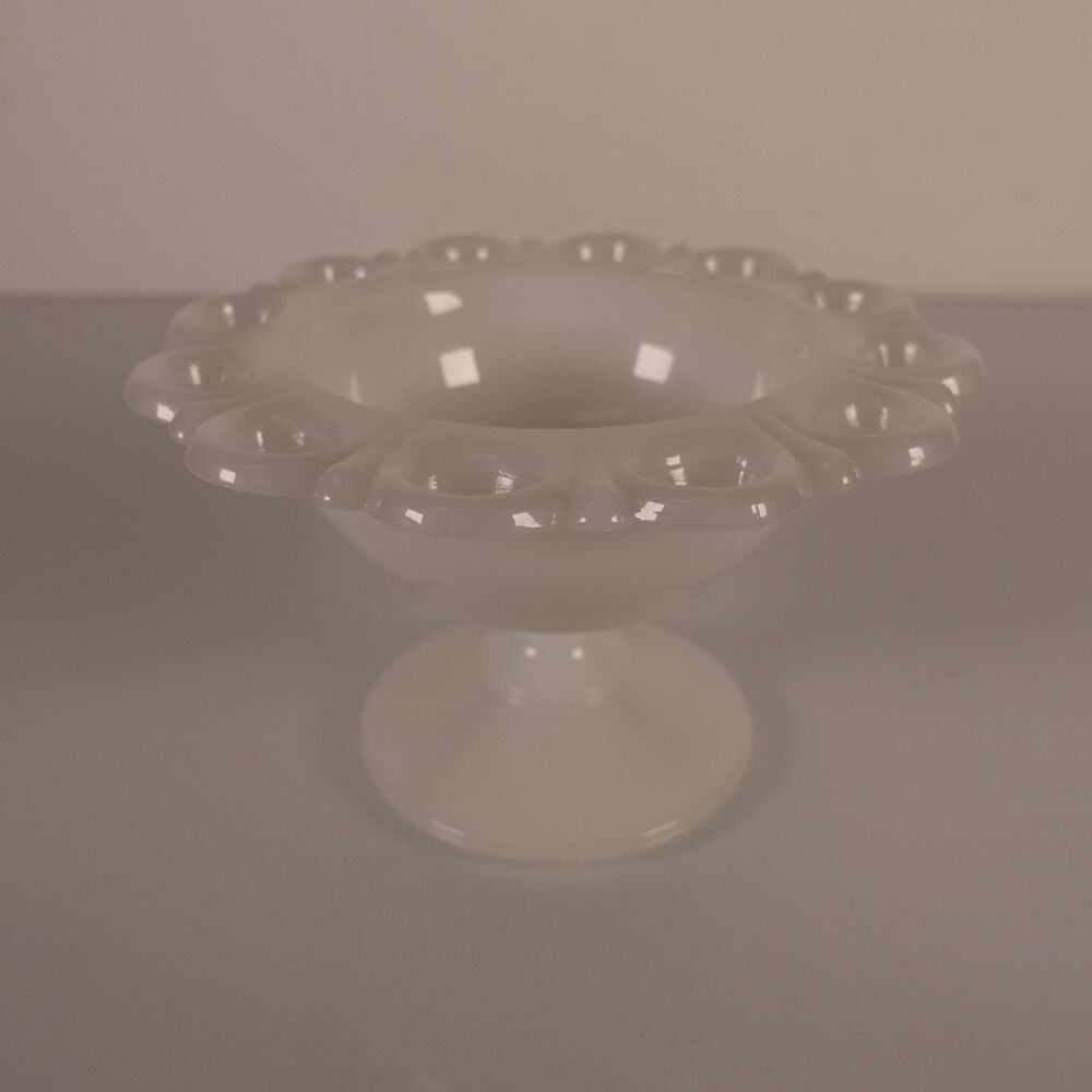 Vintage Milk Glass Compote Pedestal Bowl Open Lace Edge Candy Dish White MCM